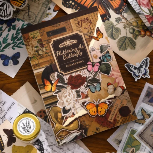 Vintage Butterfly Sticker Book with floral, botanical, paper, and transparent PET stickers for journaling, scrapbooking, and DIY crafts.