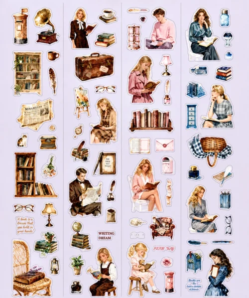 Vintage reading PET tape set with four decorative rolls featuring books, readers and cozy lifestyle illustrations Vintage reading PET tape set with four decorative rolls featuring books, readers and cozy lifestyle illustrations