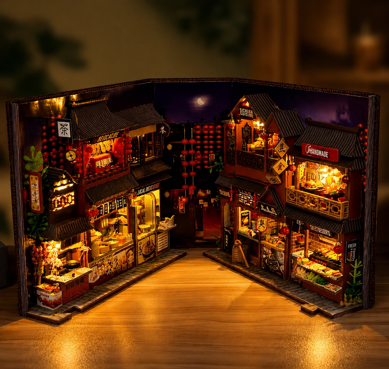 Miniature building block kit featuring a detailed Chinese food street with tiny shops, food stalls, lanterns and street décor
