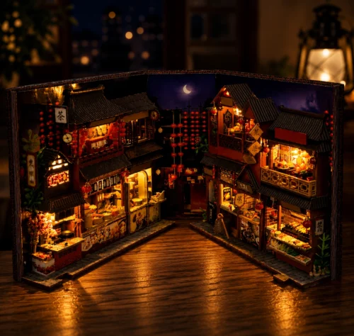 Miniature building block kit featuring a detailed Chinese food street with tiny shops, food stalls, lanterns and street décor