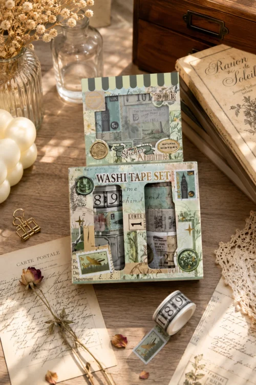 Washi tape set with vintage postcard, stamp, botanical and travel-inspired decorative designs