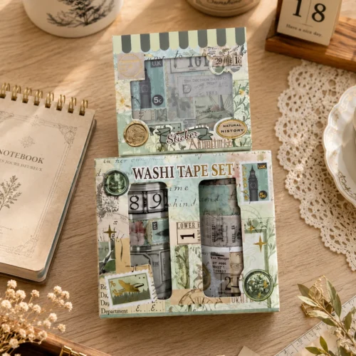 Washi tape set with vintage postcard, stamp, botanical and travel-inspired decorative designs