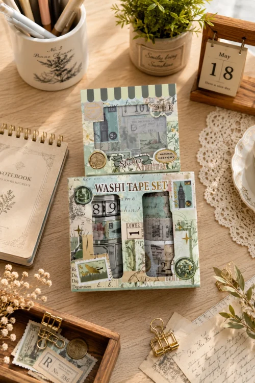 Washi tape set with vintage postcard, stamp, botanical and travel-inspired decorative designs