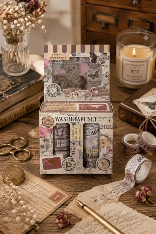 Vintage washi tape set with retro collage designs, floral details, stamps and decorative paper motifs Vintage washi tape set with retro collage designs, floral details, stamps and decorative paper motifs