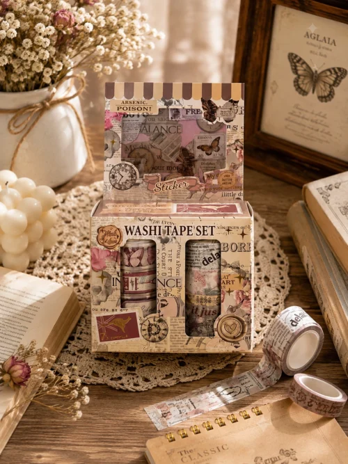 Vintage washi tape set with retro collage designs, floral details, stamps and decorative paper motifs Vintage washi tape set with retro collage designs, floral details, stamps and decorative paper motifs