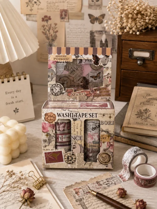 Vintage washi tape set with retro collage designs, floral details, stamps and decorative paper motifs Vintage washi tape set with retro collage designs, floral details, stamps and decorative paper motifs