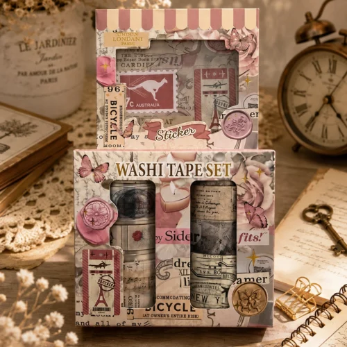 Vintage butterfly washi tape set with pink floral, postcard, stamp and butterfly designs