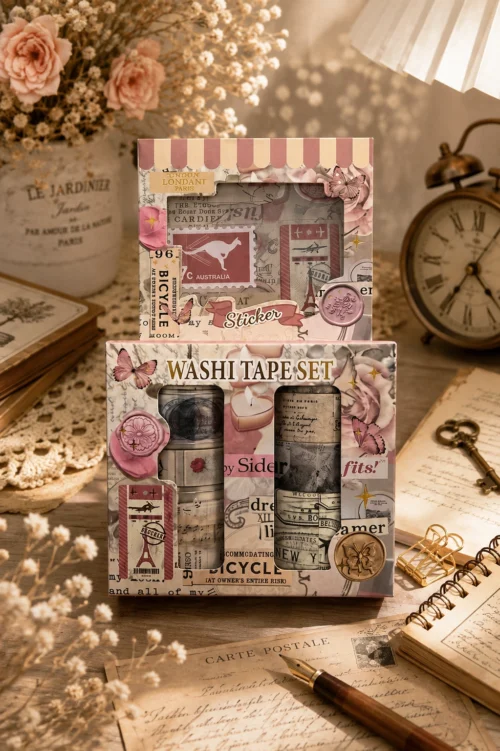 Vintage butterfly washi tape set with pink floral, postcard, stamp and butterfly designs Vintage butterfly washi tape set with pink floral, postcard, stamp and butterfly designs