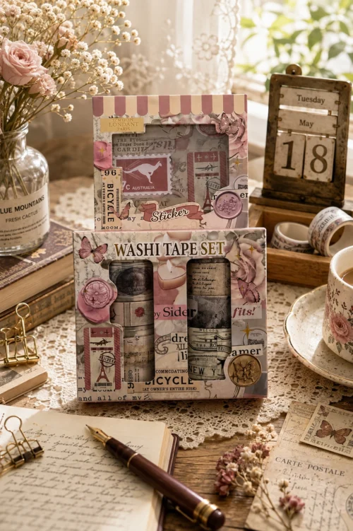 Vintage butterfly washi tape set with pink floral, postcard, stamp and butterfly designs Vintage butterfly washi tape set with pink floral, postcard, stamp and butterfly designs