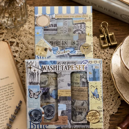 Blue butterfly washi tape set with vintage stamps, postcards, text and butterfly designs