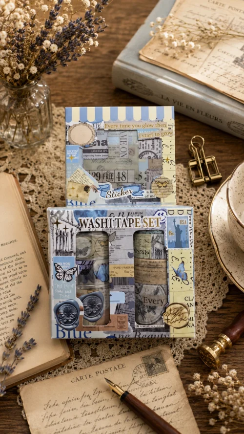 Blue butterfly washi tape set with vintage stamps, postcards, text and butterfly designs Blue butterfly washi tape set with vintage stamps, postcards, text and butterfly designs