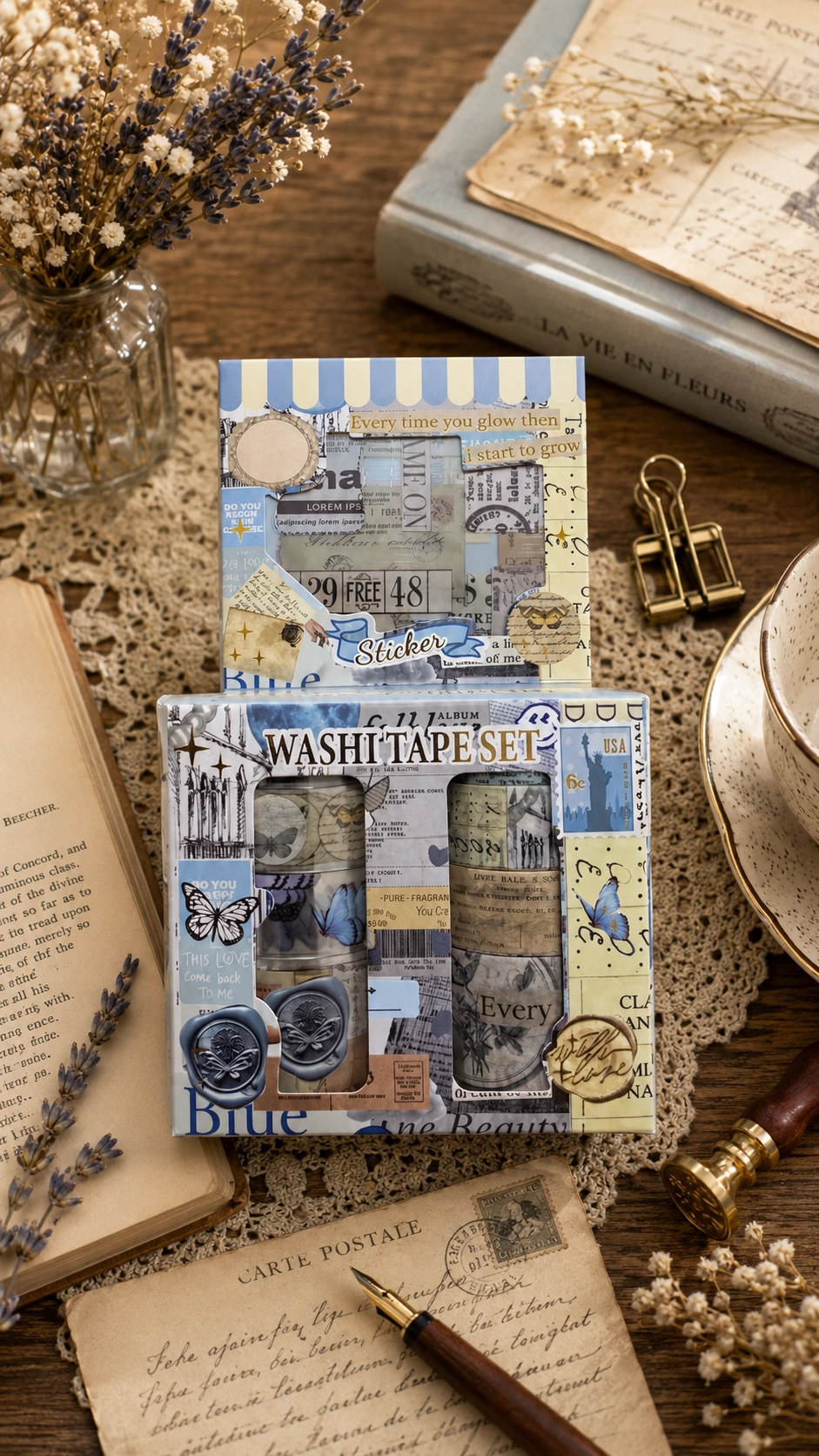 Blue butterfly washi tape set with vintage stamps, postcards, text and butterfly designs