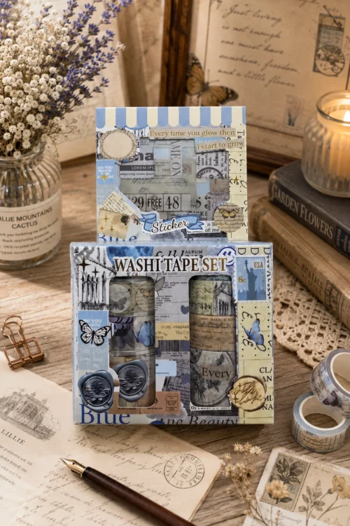 Blue butterfly washi tape set with vintage stamps, postcards, text and butterfly designs Blue butterfly washi tape set with vintage stamps, postcards, text and butterfly designs