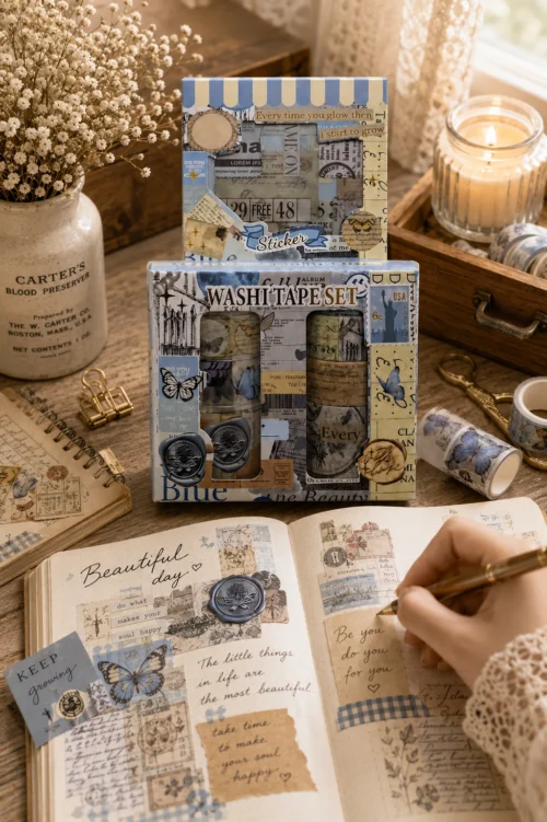 Blue butterfly washi tape set with vintage stamps, postcards, text and butterfly designs Blue butterfly washi tape set with vintage stamps, postcards, text and butterfly designs