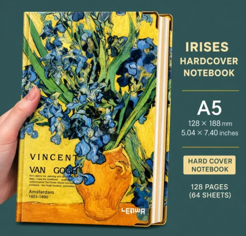 Van Gogh notebook with blue iris floral artwork on a yellow hardcover