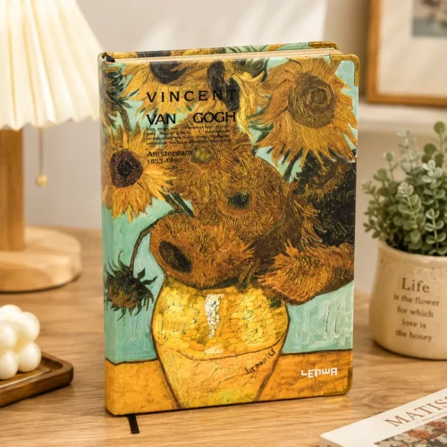 Van Gogh Sunflowers Notebook with golden sunflower artwork on a green and yellow vintage-style cover