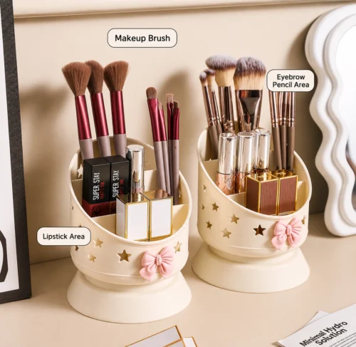 Cute desk organizer with pink bow and star cutouts holding pens and makeup brushes Cute desk organizer with pink bow and star cutouts holding pens and makeup brushes