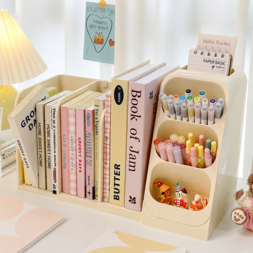 Bookshelf desk organizer with books, pens, markers and small decorative items