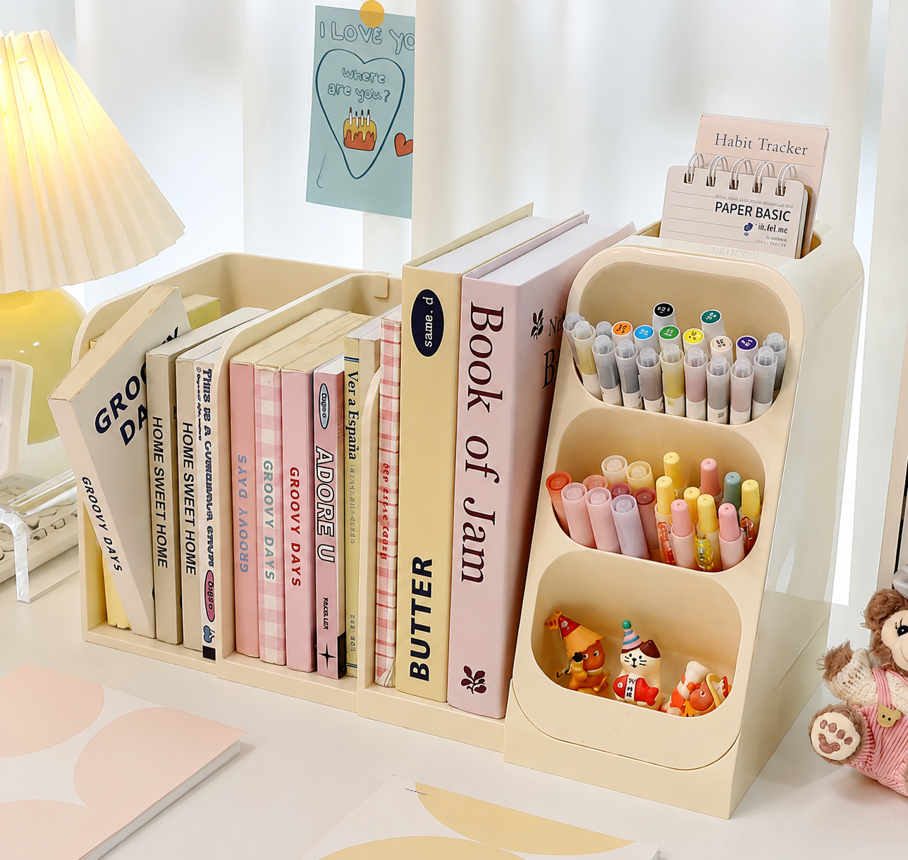 Bookshelf desk organizer with books, pens, markers and small decorative items