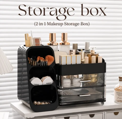 Multi-compartment desk organizer with drawers holding notebooks, pens, markers, scissors, stationery and craft supplies