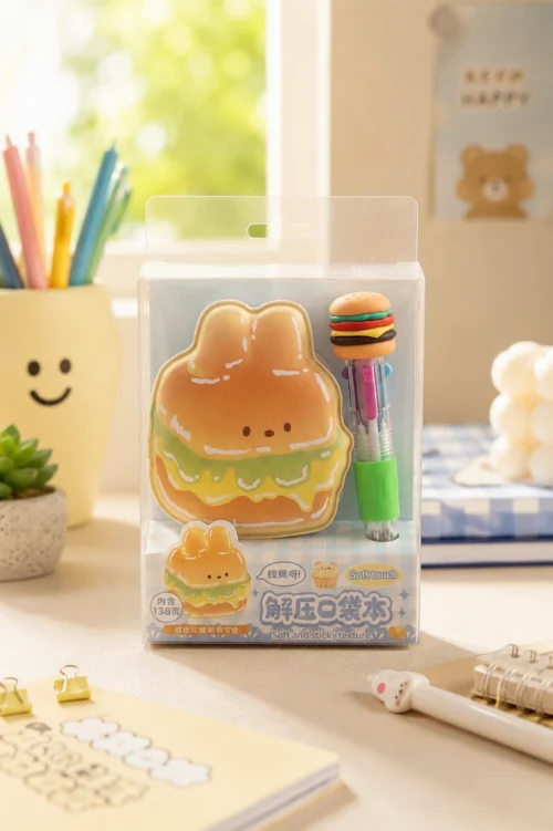 Cute burger mini notebook and matching burger-themed pen set Cute burger mini notebook and matching burger-themed pen set