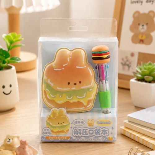 Cute burger mini notebook and matching burger-themed pen set