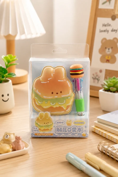 Cute burger mini notebook and matching burger-themed pen set Cute burger mini notebook and matching burger-themed pen set