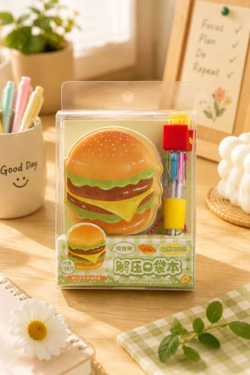 Cheese burger mini notebook and pen set with burger-shaped notebook and fries-themed pen
