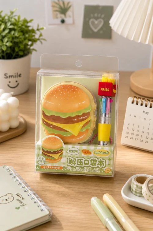 Cheese burger mini notebook and pen set with burger-shaped notebook and fries-themed pen