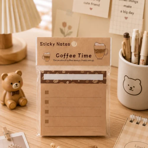 Coffee sticky notes with checklist layout and cute coffee bean design