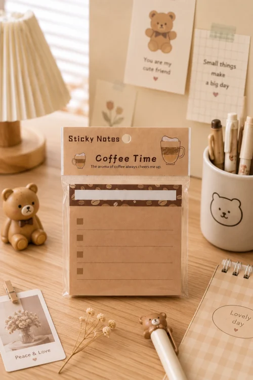 Coffee sticky notes with checklist layout and cute coffee bean design Coffee sticky notes with checklist layout and cute coffee bean design