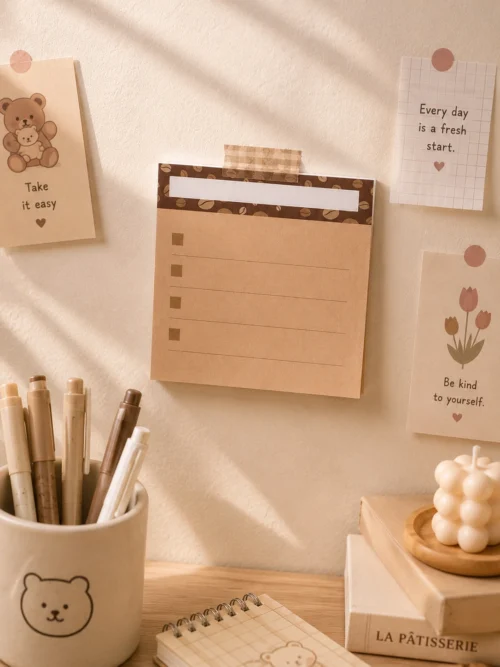 Coffee sticky notes with checklist layout and cute coffee bean design Coffee sticky notes with checklist layout and cute coffee bean design