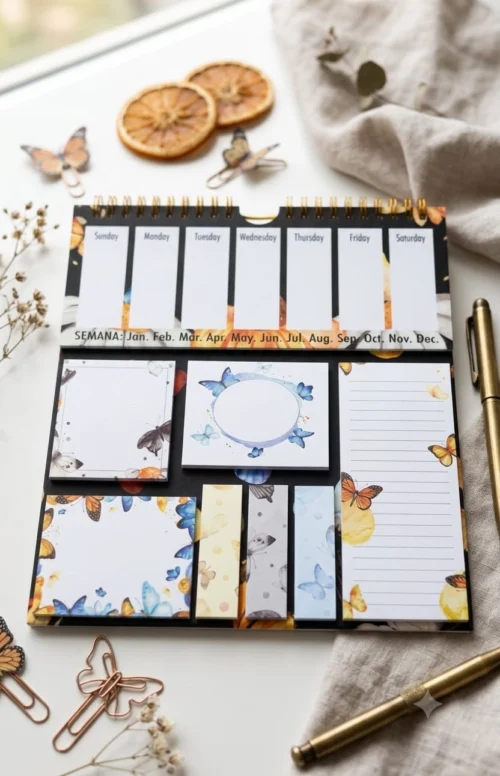 Butterfly Weekly Planner Sticky Notes Set with memo pads, sticky notes, page markers, and lined note pad on a desk.