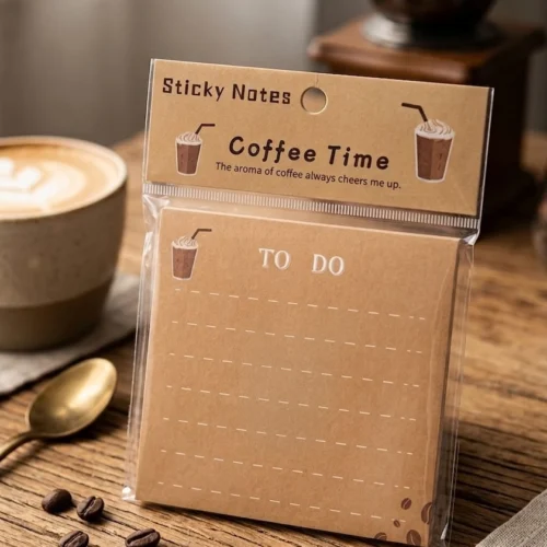 Coffee To-Do Sticky Notes with brown café design and dotted writing lines
