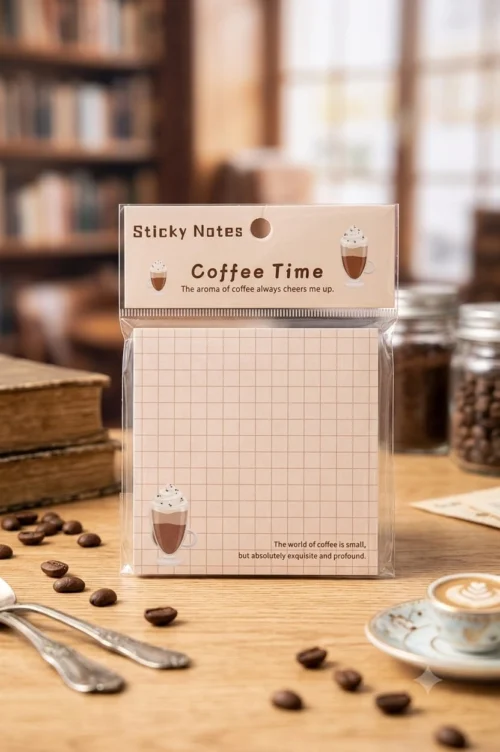 Coffee Grid Sticky Notes with cute coffee illustrations and square grid writing layout