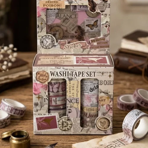 Vintage washi tape set with retro collage designs, floral details, stamps and decorative paper motifs