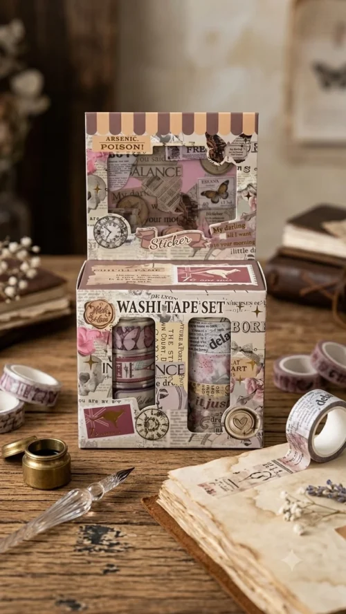 Vintage washi tape set with retro collage designs, floral details, stamps and decorative paper motifs Vintage washi tape set with retro collage designs, floral details, stamps and decorative paper motifs