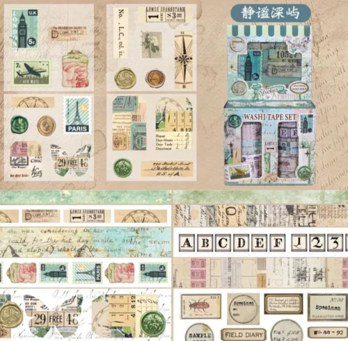 Washi tape set with vintage postcard, stamp, botanical and travel-inspired decorative designs