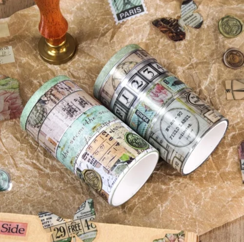 Washi tape set with vintage postcard, stamp, botanical and travel-inspired decorative designs