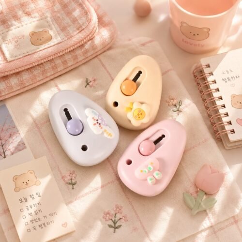 Cute mini cutter with pastel kawaii design held in hand beside a white keyboard
